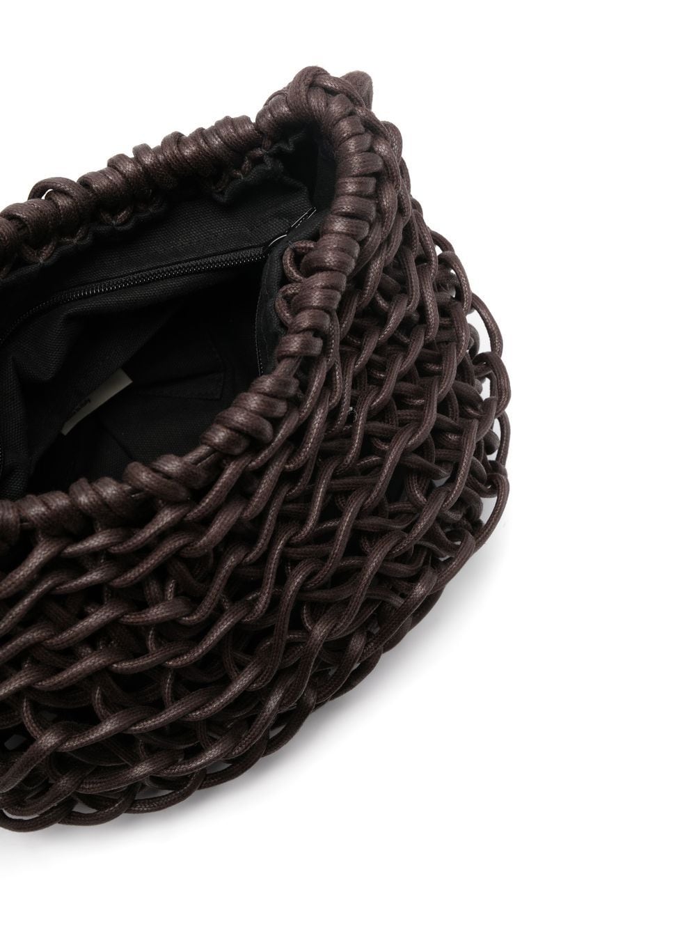 Bolso Cecilia Brown tejido a mano con cuerda de algodón 100%, diseño sostenible y cierre de cordón, hecho en Italia.


