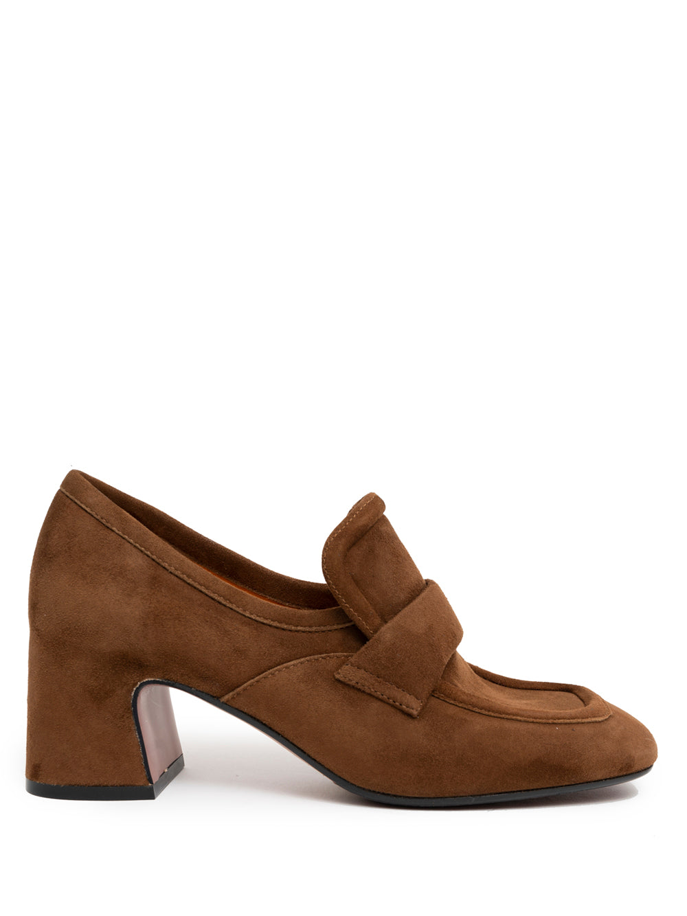 Mocasín de ante en color acero con tacón ancho de 6 cm de Mara Bini, elegante y cómodo, fabricado en Italia.

