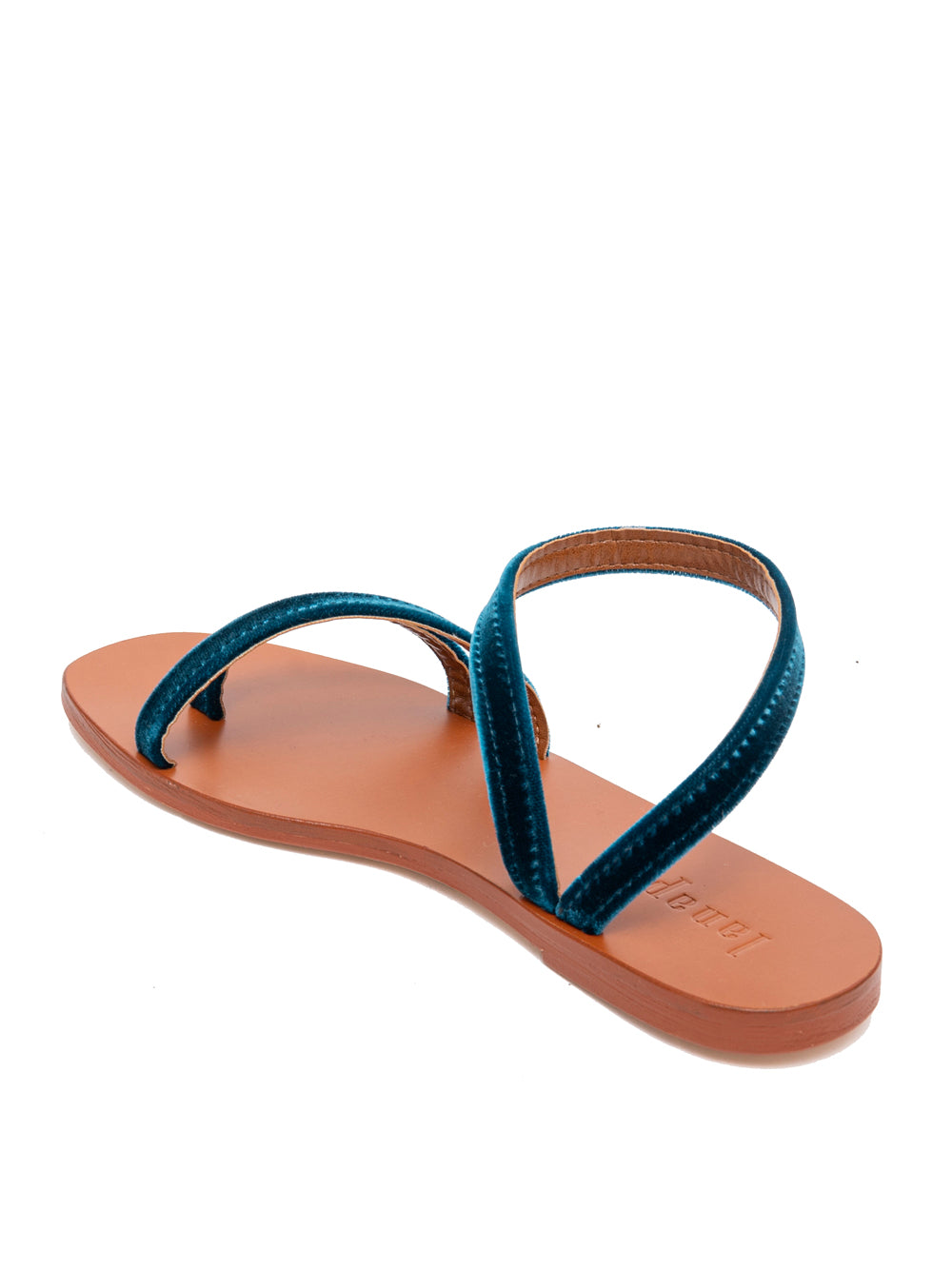 Sandalias Lanapo en terciopelo azul ottanio con pulsera al tobillo y suela de cuero, diseño artesanal italiano.
