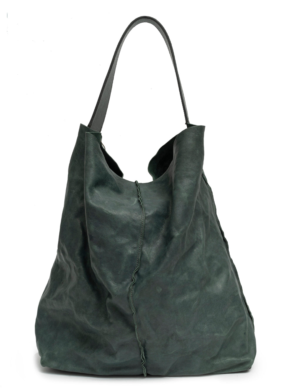Sommet Sahara bucket bag in deep cadet green vegetable-tanned leather with removable interior pouch and waxed artisanal finish, handmade in Italy.