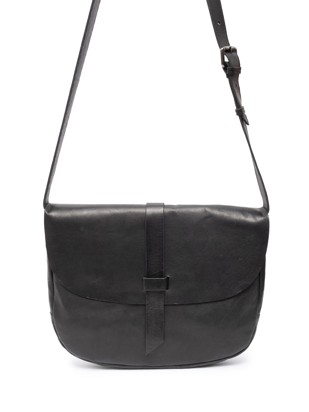Sommet Alexi black waxed vegetable-tanned leather shoulder bag handmade in Italy – adjustable strap and interior zip pocket.